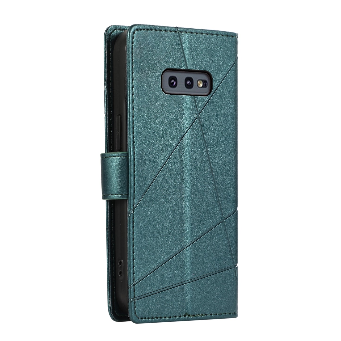Samsung Galaxy S10e PU Genuine Leather Texture Embossed Line Phone Case with Card Wallet, Kickstand & Wrist Strap