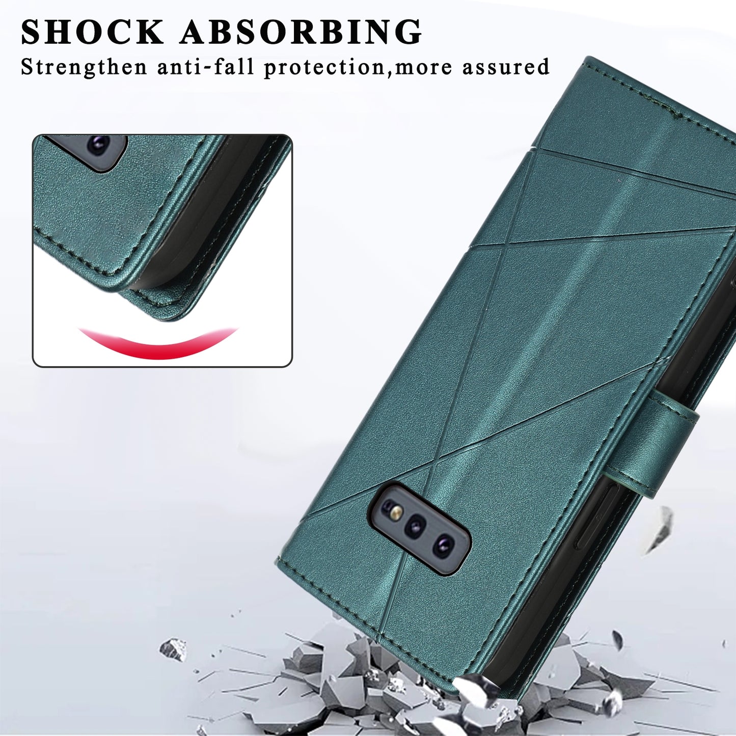 Samsung Galaxy S10e PU Genuine Leather Texture Embossed Line Phone Case with Card Wallet, Kickstand & Wrist Strap