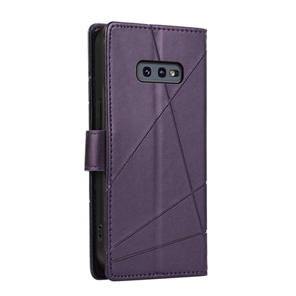 Samsung Galaxy S10e PU Genuine Leather Texture Embossed Line Phone Case with Card Wallet, Kickstand & Wrist Strap