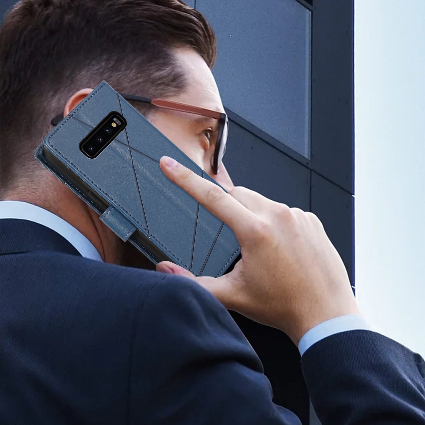 Samsung Galaxy S10+ PU Genuine Leather Texture Embossed Line Phone Case with Card Wallet, Kickstand & Wrist Strap