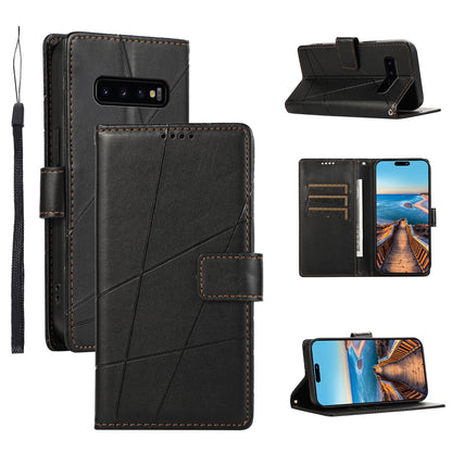 Samsung Galaxy S10+ PU Genuine Leather Texture Embossed Line Phone Case with Card Wallet, Kickstand & Wrist Strap