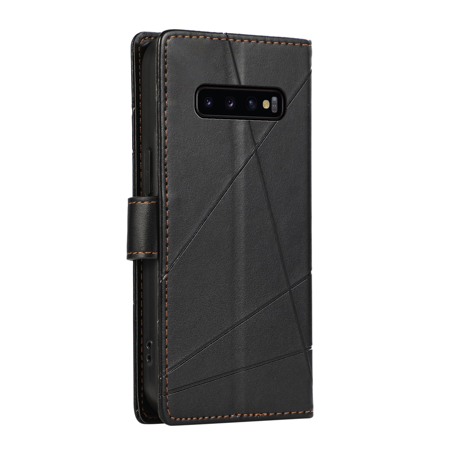 Samsung Galaxy S10+ PU Genuine Leather Texture Embossed Line Phone Case with Card Wallet, Kickstand & Wrist Strap