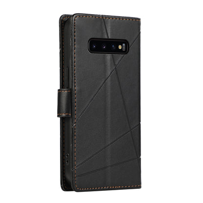Samsung Galaxy S10+ PU Genuine Leather Texture Embossed Line Phone Case with Card Wallet, Kickstand & Wrist Strap