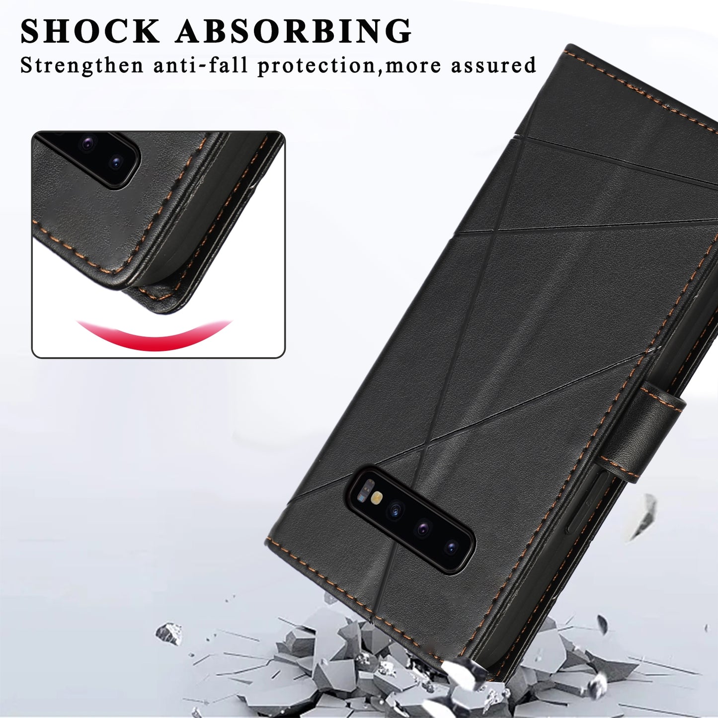 Samsung Galaxy S10+ PU Genuine Leather Texture Embossed Line Phone Case with Card Wallet, Kickstand & Wrist Strap