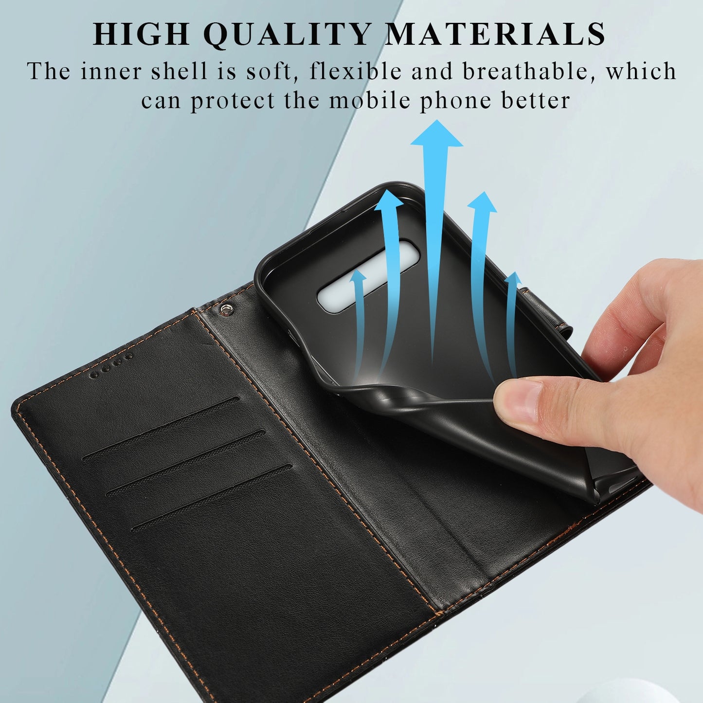 Samsung Galaxy S10+ PU Genuine Leather Texture Embossed Line Phone Case with Card Wallet, Kickstand & Wrist Strap
