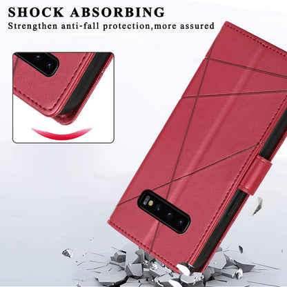 Samsung Galaxy S10+ PU Genuine Leather Texture Embossed Line Phone Case with Card Wallet, Kickstand & Wrist Strap