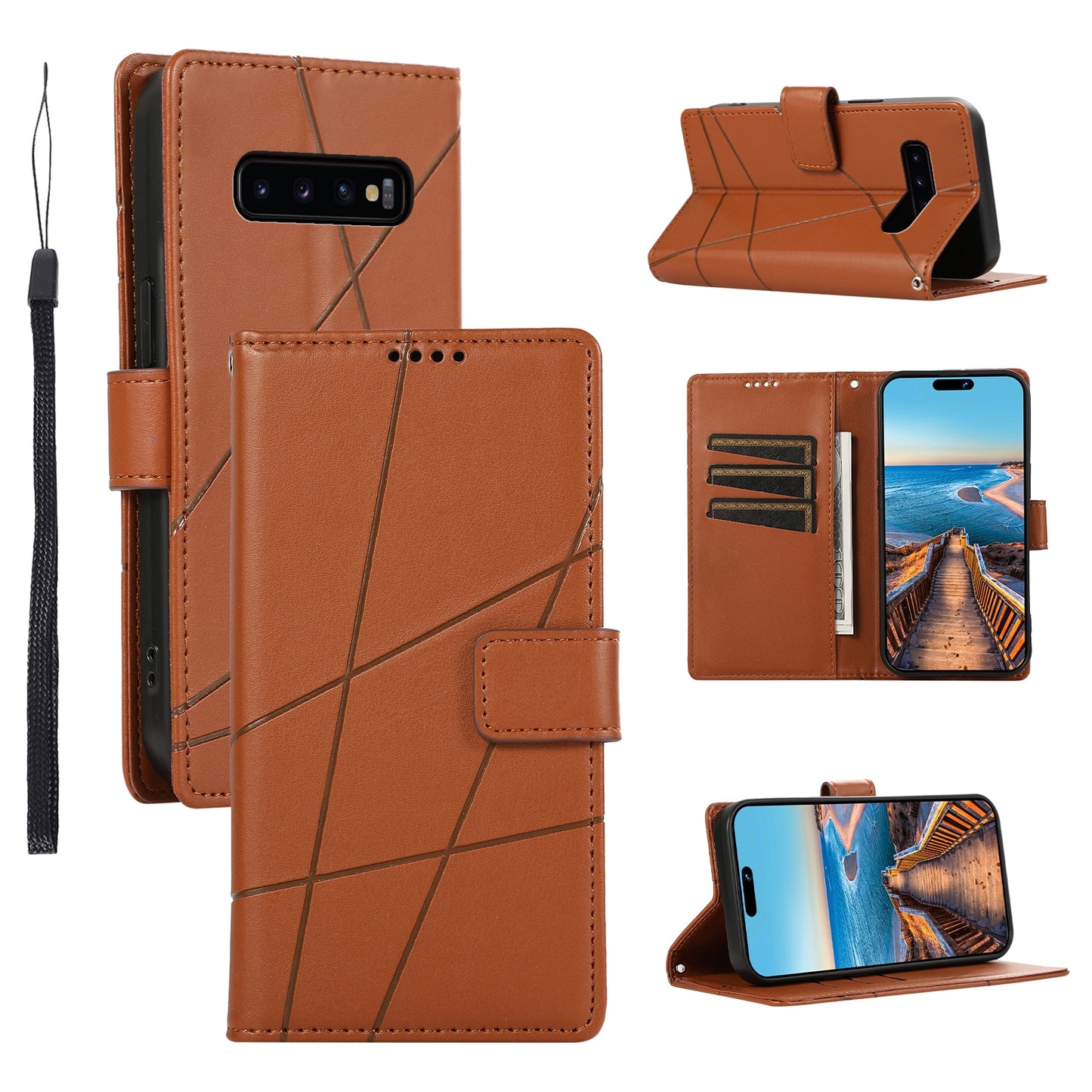 Samsung Galaxy S10+ PU Genuine Leather Texture Embossed Line Phone Case with Card Wallet, Kickstand & Wrist Strap