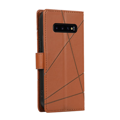 Samsung Galaxy S10+ PU Genuine Leather Texture Embossed Line Phone Case with Card Wallet, Kickstand & Wrist Strap