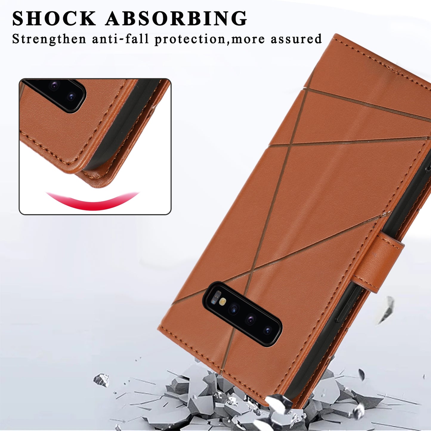 Samsung Galaxy S10+ PU Genuine Leather Texture Embossed Line Phone Case with Card Wallet, Kickstand & Wrist Strap