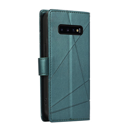Samsung Galaxy S10+ PU Genuine Leather Texture Embossed Line Phone Case with Card Wallet, Kickstand & Wrist Strap