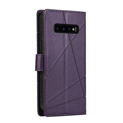 Samsung Galaxy S10+ PU Genuine Leather Texture Embossed Line Phone Case with Card Wallet, Kickstand & Wrist Strap