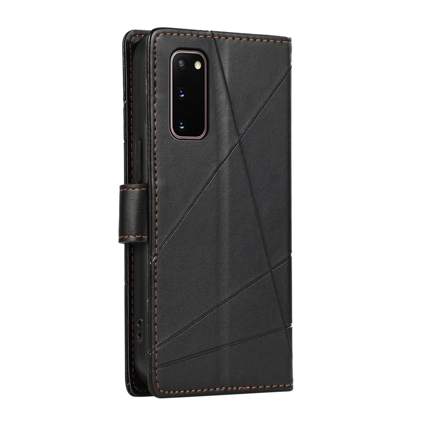 Samsung Galaxy S20 PU Genuine Leather Texture Embossed Line Phone Case with Card Wallet, Kickstand & Wrist Strap