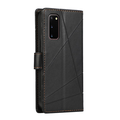 Samsung Galaxy S20 PU Genuine Leather Texture Embossed Line Phone Case with Card Wallet, Kickstand & Wrist Strap