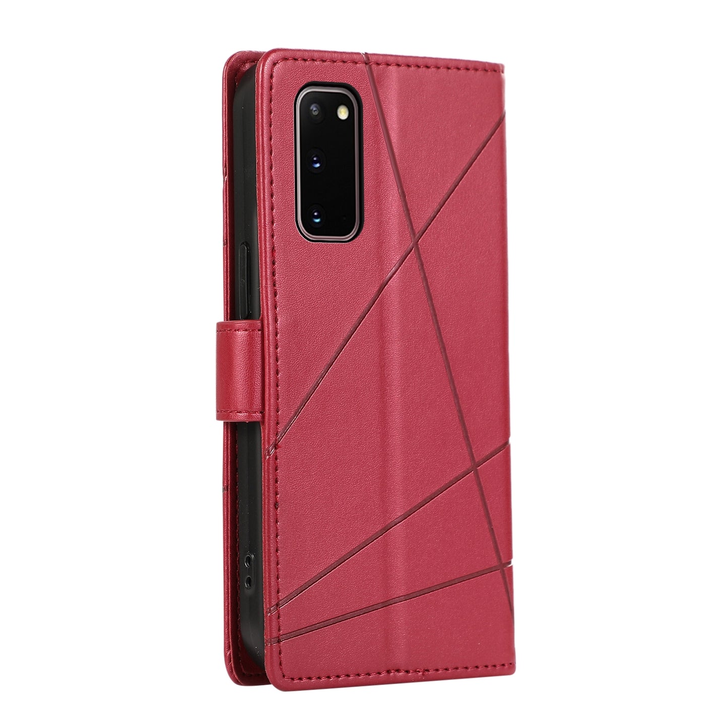 Samsung Galaxy S20 PU Genuine Leather Texture Embossed Line Phone Case with Card Wallet, Kickstand & Wrist Strap