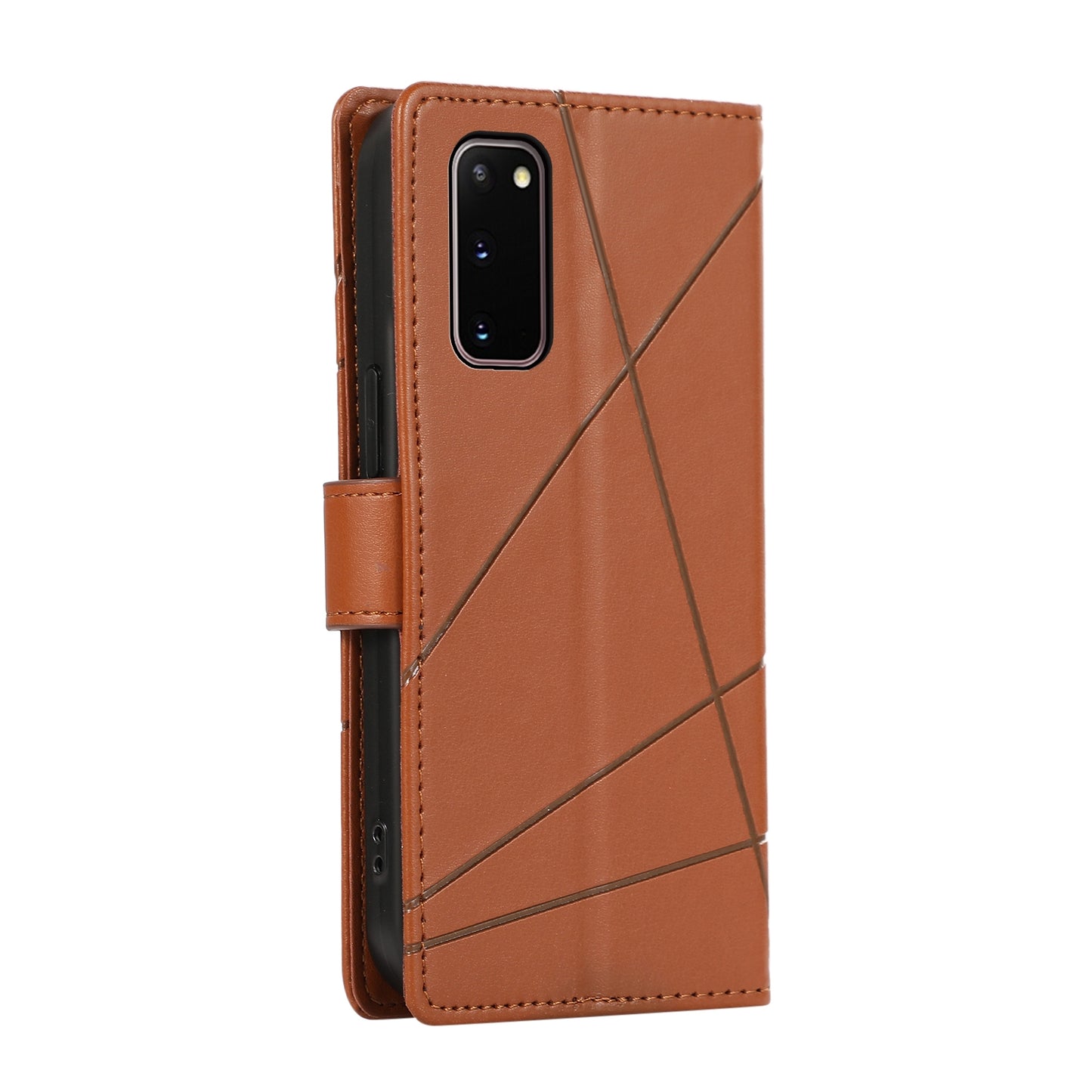 Samsung Galaxy S20 PU Genuine Leather Texture Embossed Line Phone Case with Card Wallet, Kickstand & Wrist Strap