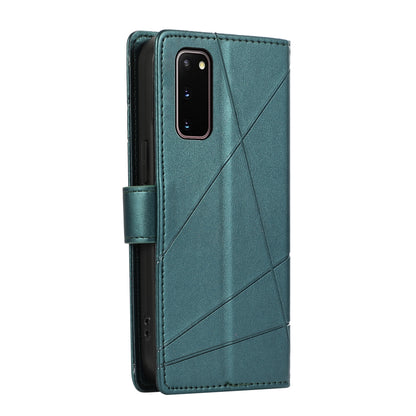 Samsung Galaxy S20 PU Genuine Leather Texture Embossed Line Phone Case with Card Wallet, Kickstand & Wrist Strap