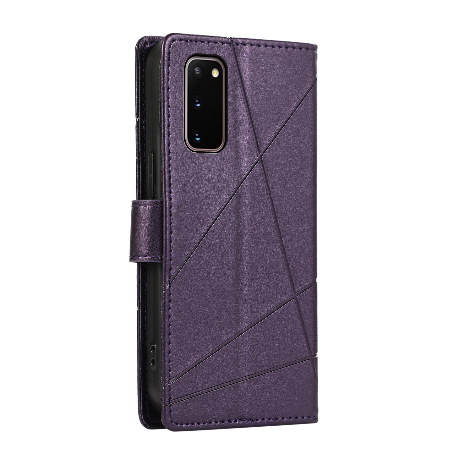 Samsung Galaxy S20 PU Genuine Leather Texture Embossed Line Phone Case with Card Wallet, Kickstand & Wrist Strap