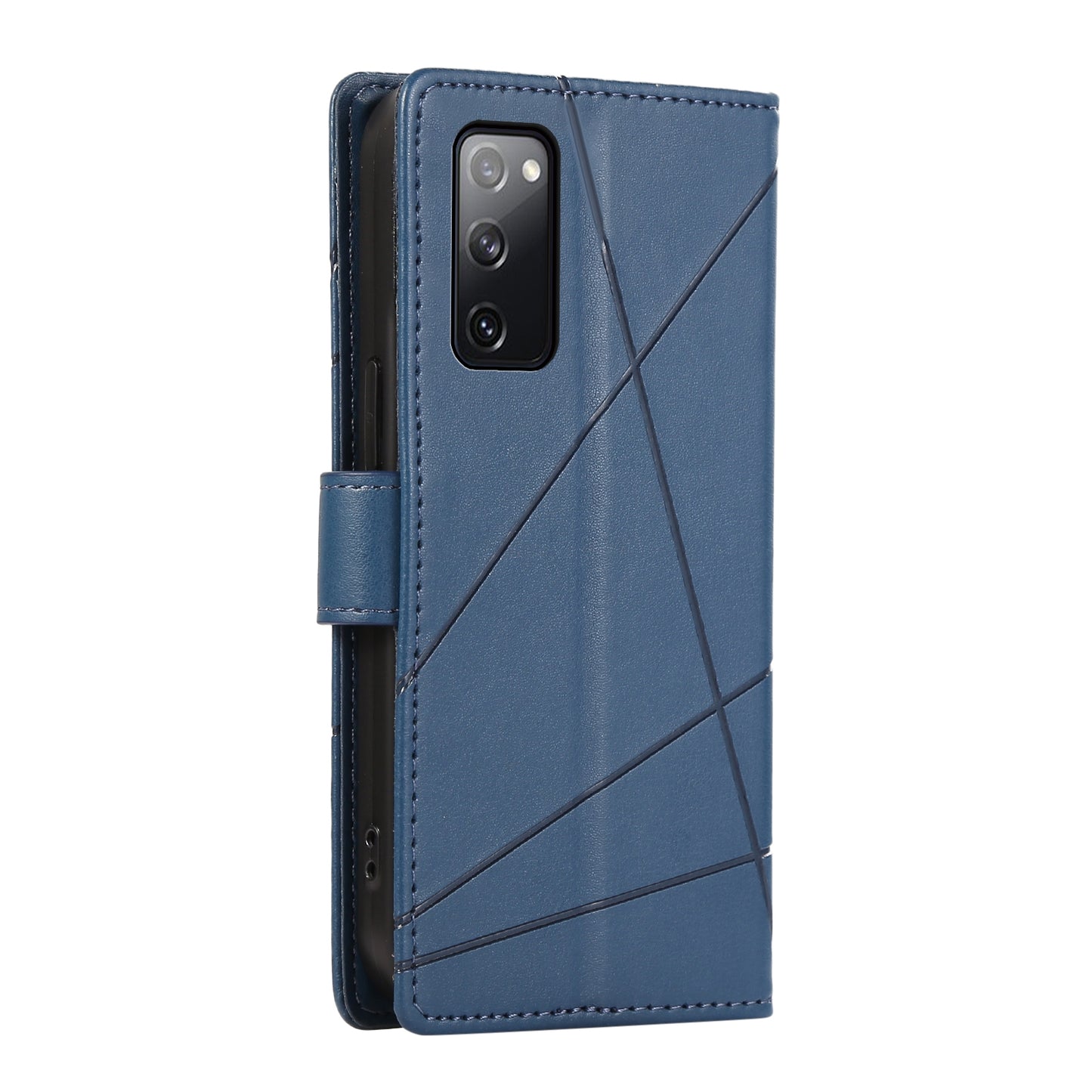 Samsung Galaxy S20 FE PU Genuine Leather Texture Embossed Line Phone Case with Card Wallet, Kickstand & Wrist Strap