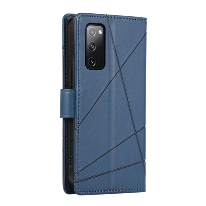 Samsung Galaxy S20 FE PU Genuine Leather Texture Embossed Line Phone Case with Card Wallet, Kickstand & Wrist Strap