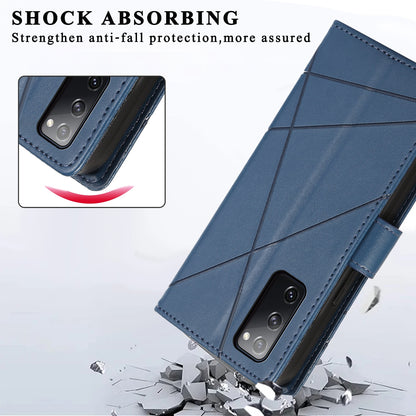 Samsung Galaxy S20 FE PU Genuine Leather Texture Embossed Line Phone Case with Card Wallet, Kickstand & Wrist Strap