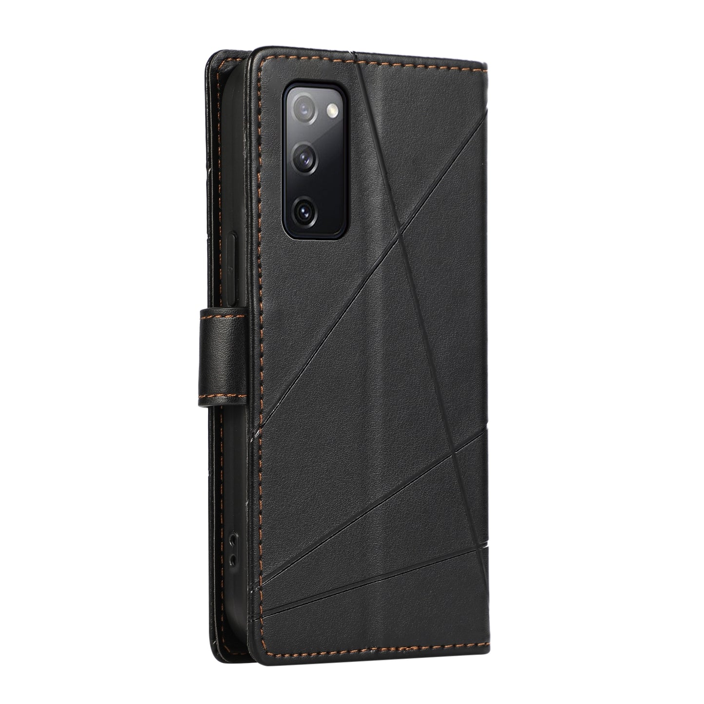 Samsung Galaxy S20 FE PU Genuine Leather Texture Embossed Line Phone Case with Card Wallet, Kickstand & Wrist Strap