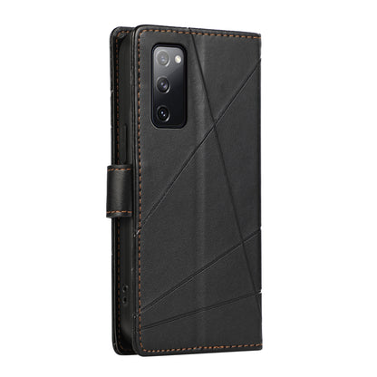Samsung Galaxy S20 FE PU Genuine Leather Texture Embossed Line Phone Case with Card Wallet, Kickstand & Wrist Strap