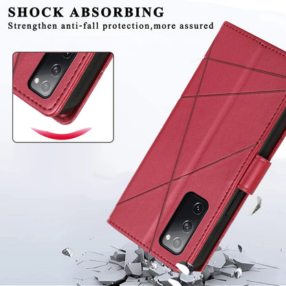 Samsung Galaxy S20 FE PU Genuine Leather Texture Embossed Line Phone Case with Card Wallet, Kickstand & Wrist Strap