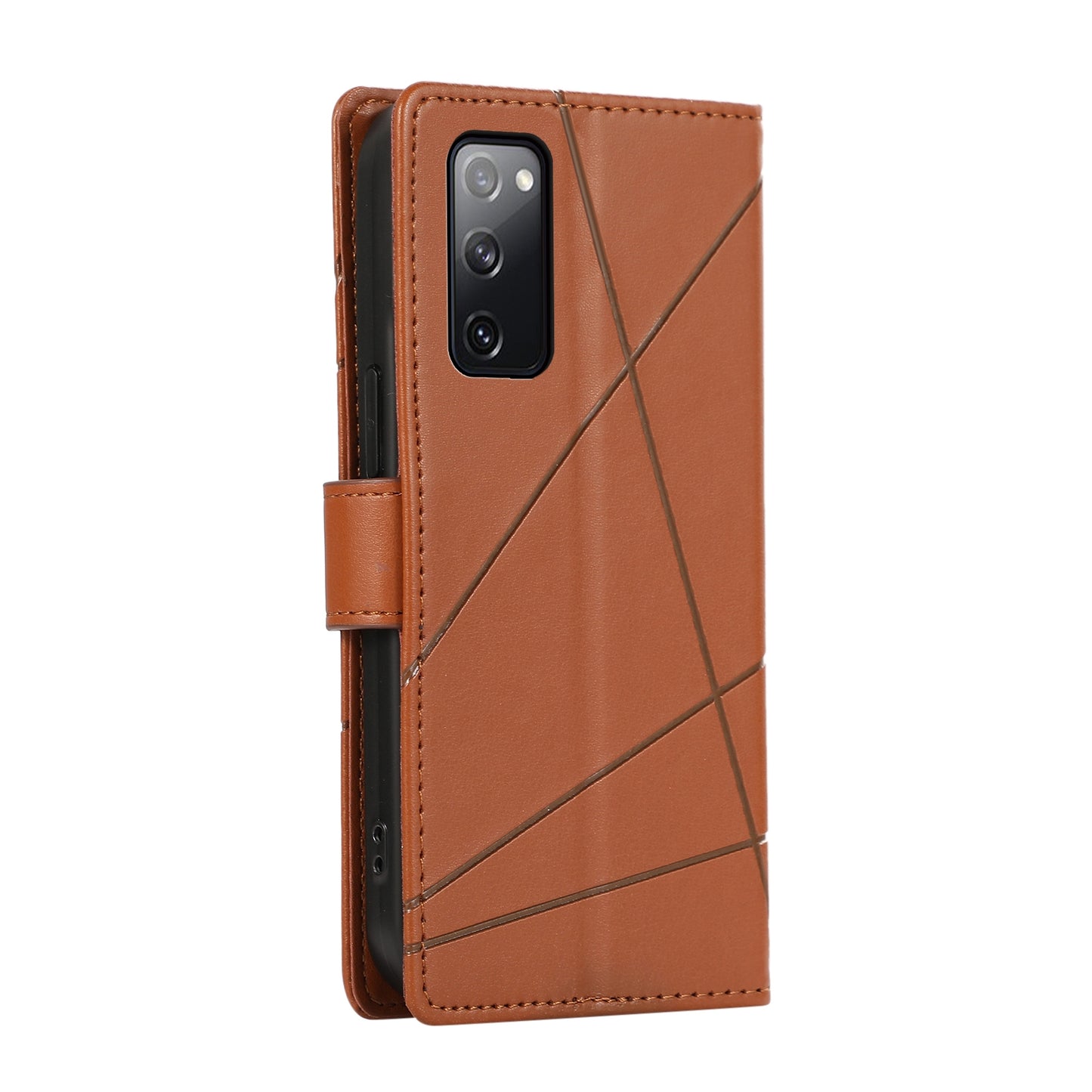 Samsung Galaxy S20 FE PU Genuine Leather Texture Embossed Line Phone Case with Card Wallet, Kickstand & Wrist Strap