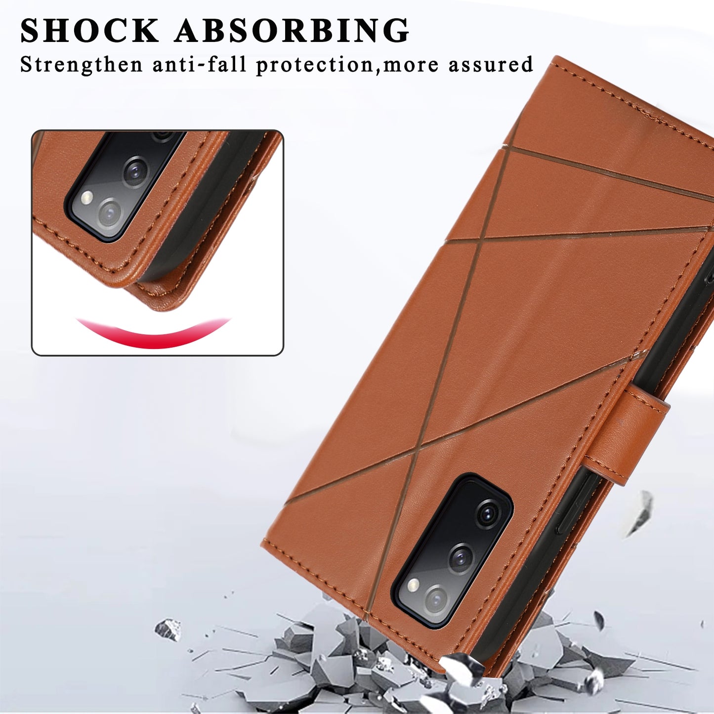 Samsung Galaxy S20 FE PU Genuine Leather Texture Embossed Line Phone Case with Card Wallet, Kickstand & Wrist Strap