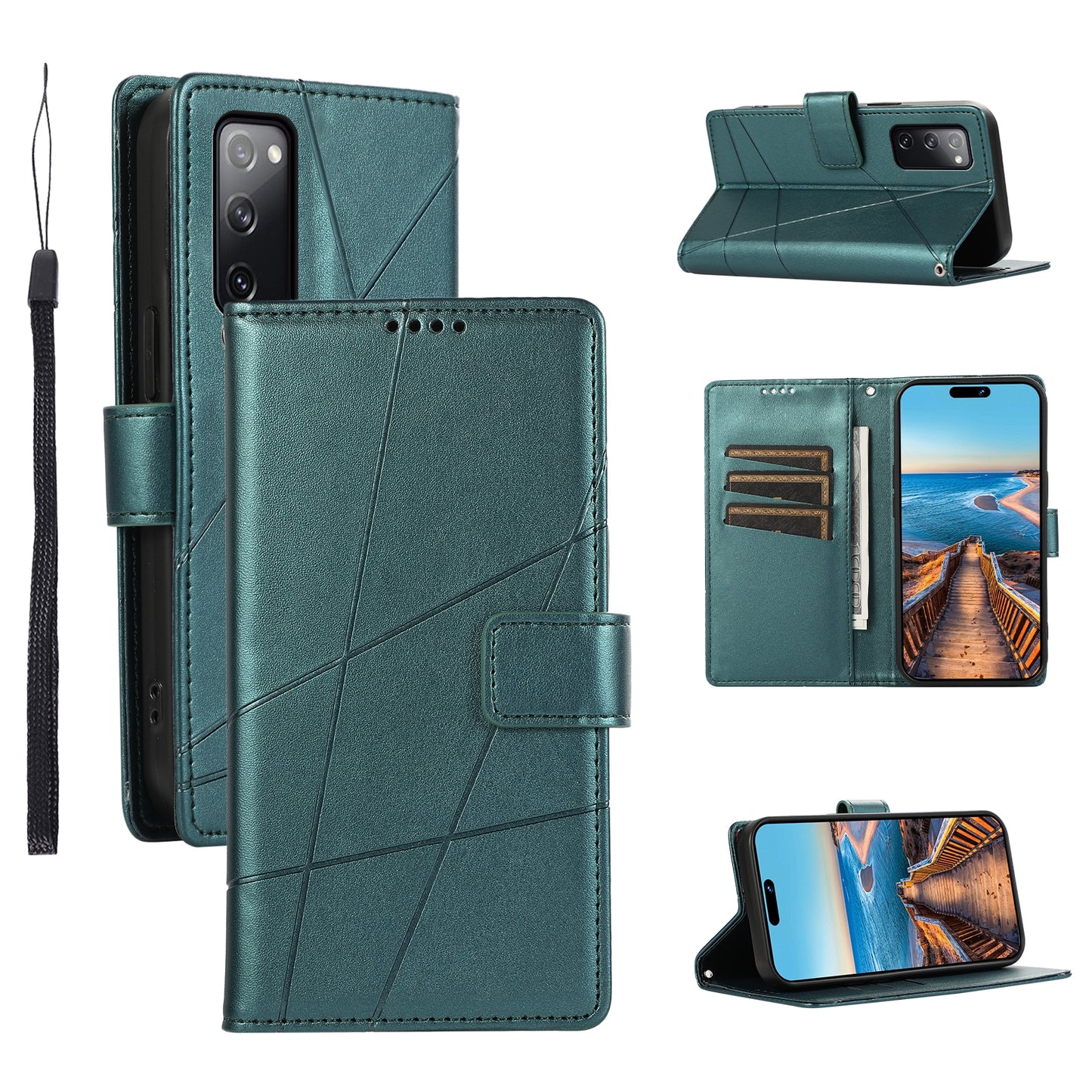 Samsung Galaxy S20 FE PU Genuine Leather Texture Embossed Line Phone Case with Card Wallet, Kickstand & Wrist Strap