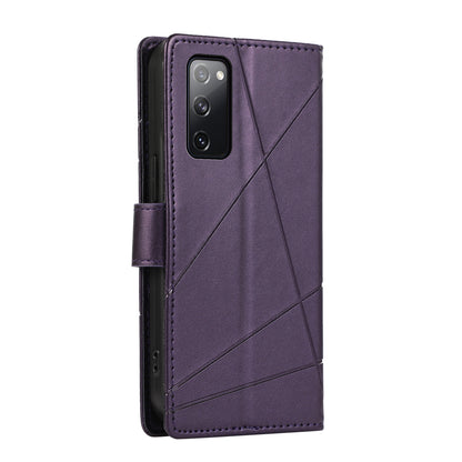 Samsung Galaxy S20 FE PU Genuine Leather Texture Embossed Line Phone Case with Card Wallet, Kickstand & Wrist Strap