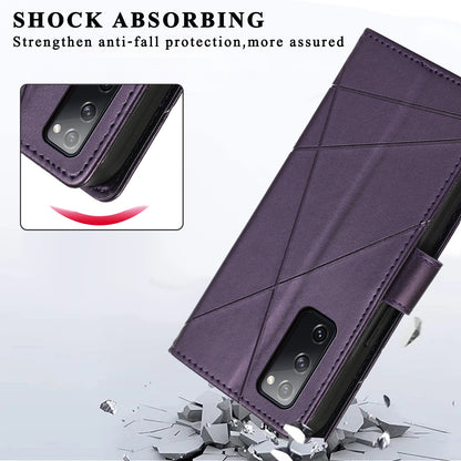 Samsung Galaxy S20 FE PU Genuine Leather Texture Embossed Line Phone Case with Card Wallet, Kickstand & Wrist Strap
