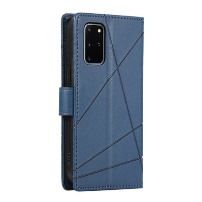 Samsung Galaxy S20+ PU Genuine Leather Texture Embossed Line Phone Case with Card Wallet, Kickstand & Wrist Strap