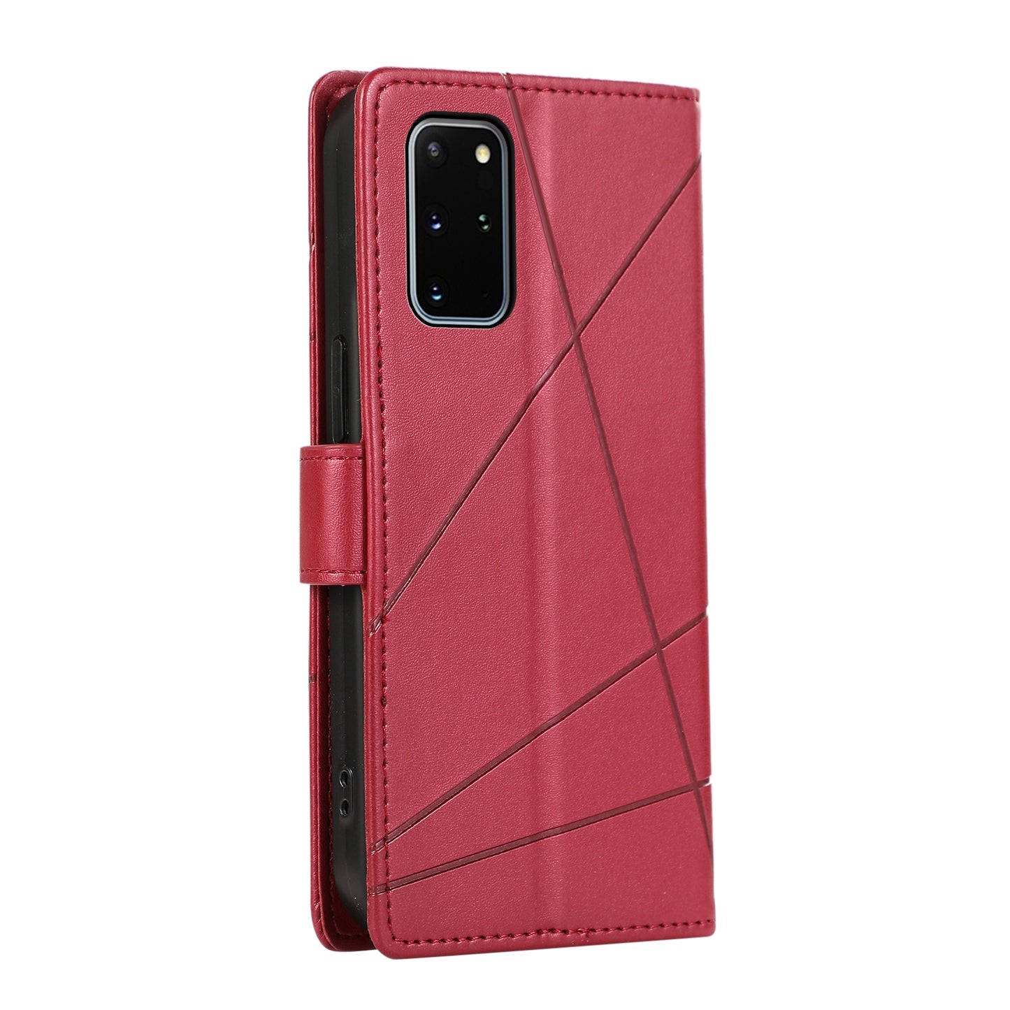 Samsung Galaxy S20+ PU Genuine Leather Texture Embossed Line Phone Case with Card Wallet, Kickstand & Wrist Strap