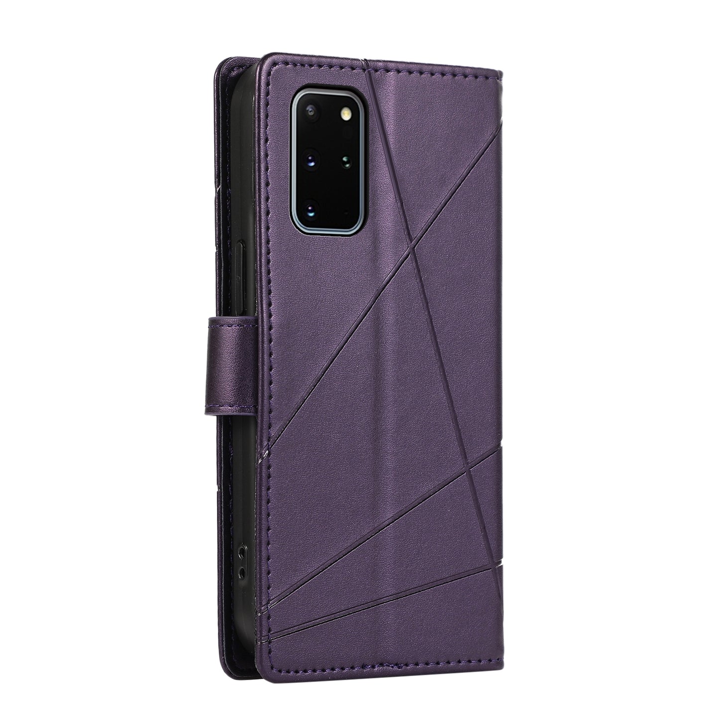 Samsung Galaxy S20+ PU Genuine Leather Texture Embossed Line Phone Case with Card Wallet, Kickstand & Wrist Strap