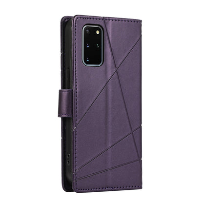 Samsung Galaxy S20+ PU Genuine Leather Texture Embossed Line Phone Case with Card Wallet, Kickstand & Wrist Strap