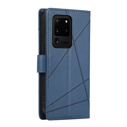 Samsung Galaxy S20 Ultra PU Genuine Leather Texture Embossed Line Phone Case with Card Wallet, Kickstand & Wrist Strap