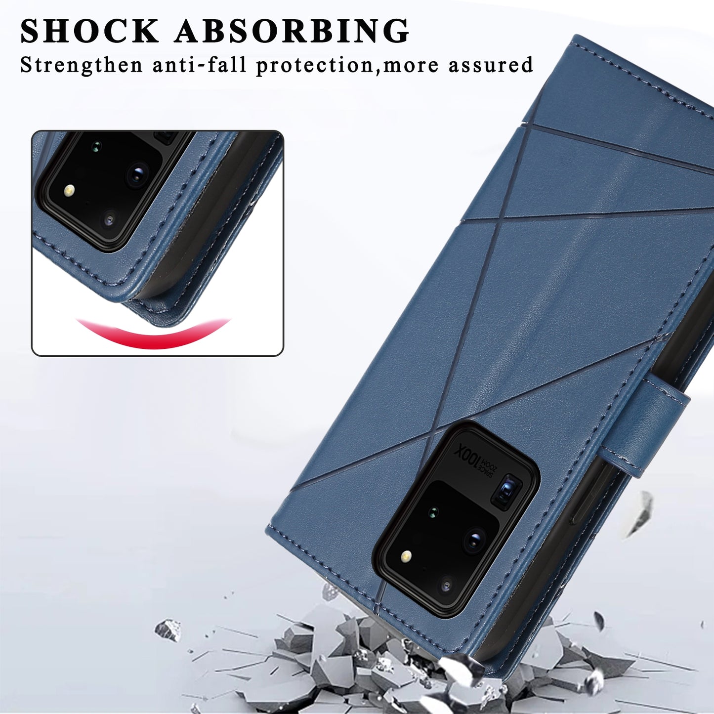 Samsung Galaxy S20 Ultra PU Genuine Leather Texture Embossed Line Phone Case with Card Wallet, Kickstand & Wrist Strap
