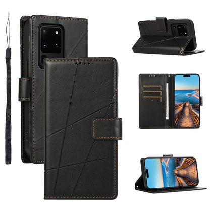 Samsung Galaxy S20 Ultra PU Genuine Leather Texture Embossed Line Phone Case with Card Wallet, Kickstand & Wrist Strap
