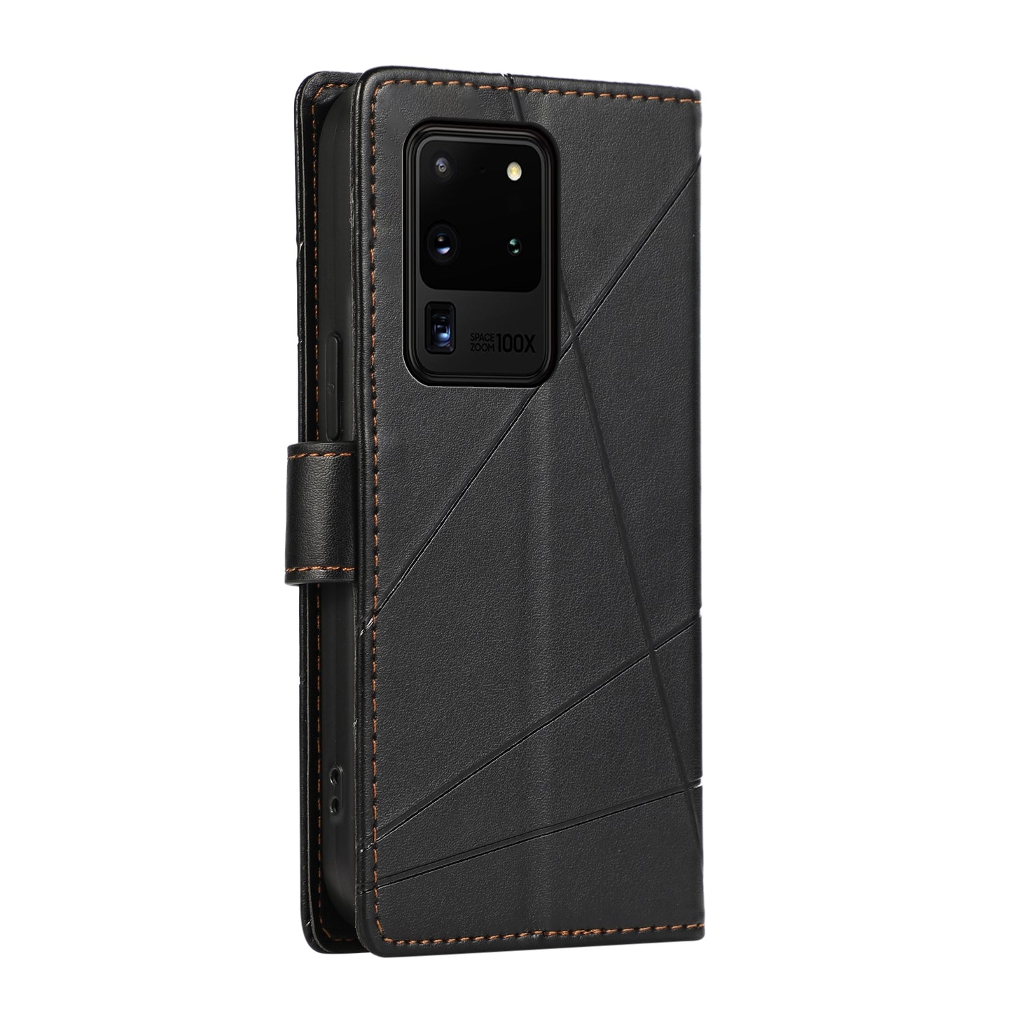Samsung Galaxy S20 Ultra PU Genuine Leather Texture Embossed Line Phone Case with Card Wallet, Kickstand & Wrist Strap