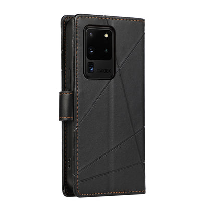 Samsung Galaxy S20 Ultra PU Genuine Leather Texture Embossed Line Phone Case with Card Wallet, Kickstand & Wrist Strap