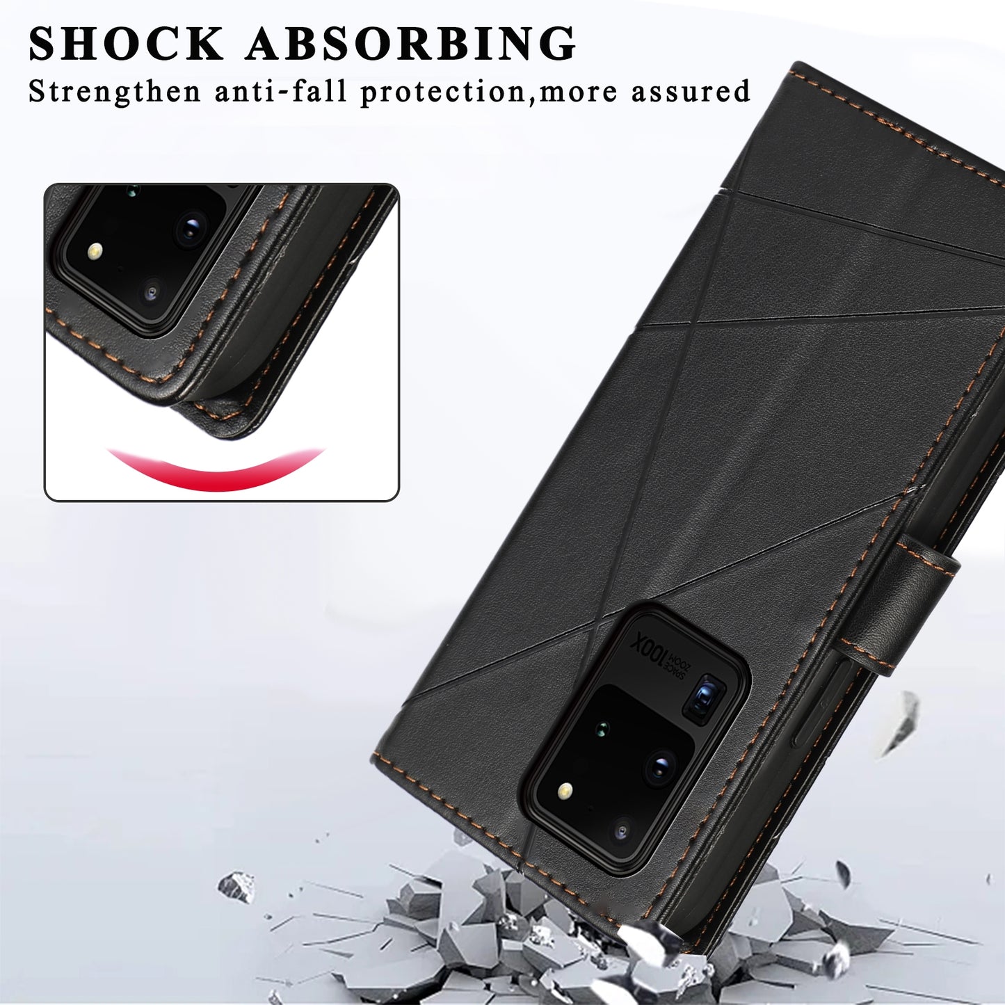 Samsung Galaxy S20 Ultra PU Genuine Leather Texture Embossed Line Phone Case with Card Wallet, Kickstand & Wrist Strap
