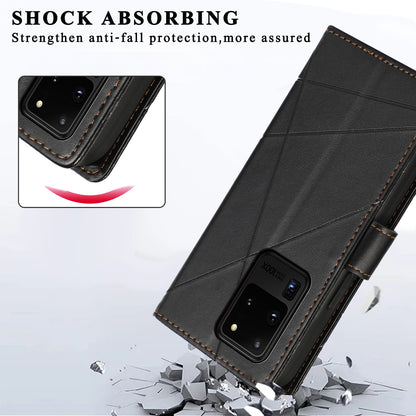 Samsung Galaxy S20 Ultra PU Genuine Leather Texture Embossed Line Phone Case with Card Wallet, Kickstand & Wrist Strap