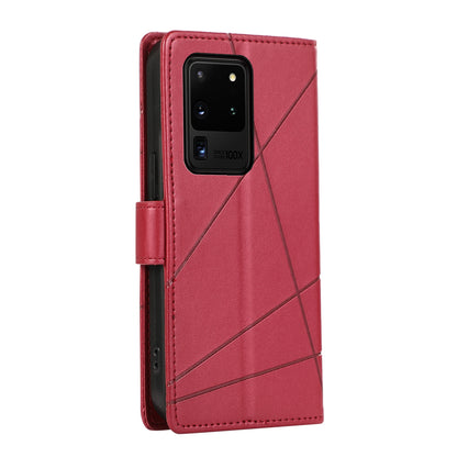 Samsung Galaxy S20 Ultra PU Genuine Leather Texture Embossed Line Phone Case with Card Wallet, Kickstand & Wrist Strap