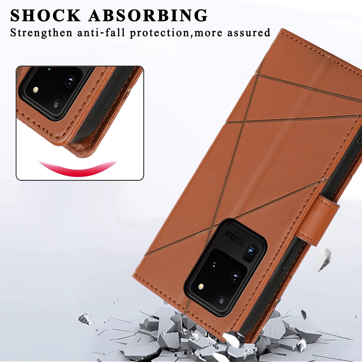 Samsung Galaxy S20 Ultra PU Genuine Leather Texture Embossed Line Phone Case with Card Wallet, Kickstand & Wrist Strap