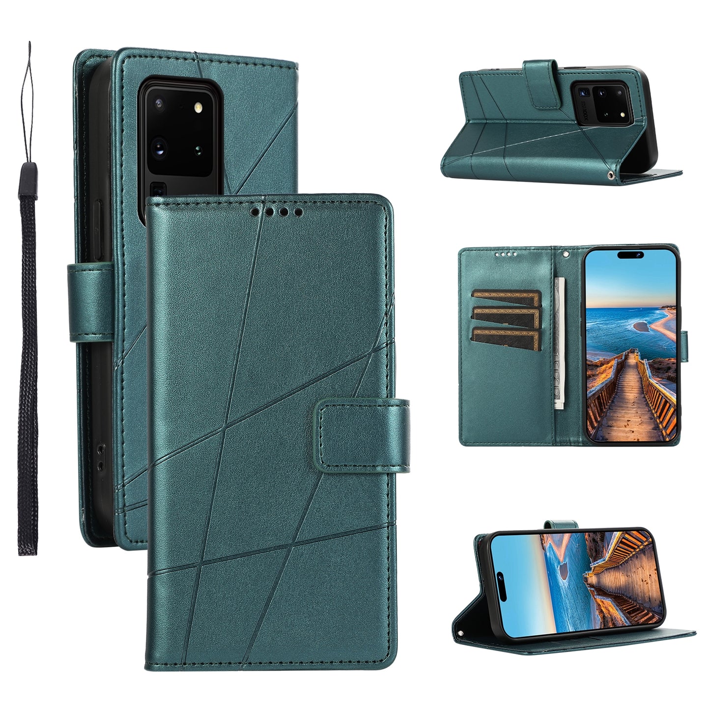 Samsung Galaxy S20 Ultra PU Genuine Leather Texture Embossed Line Phone Case with Card Wallet, Kickstand & Wrist Strap