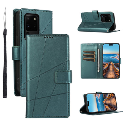 Samsung Galaxy S20 Ultra PU Genuine Leather Texture Embossed Line Phone Case with Card Wallet, Kickstand & Wrist Strap