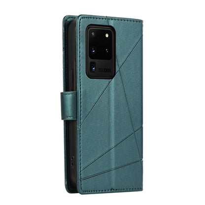 Samsung Galaxy S20 Ultra PU Genuine Leather Texture Embossed Line Phone Case with Card Wallet, Kickstand & Wrist Strap