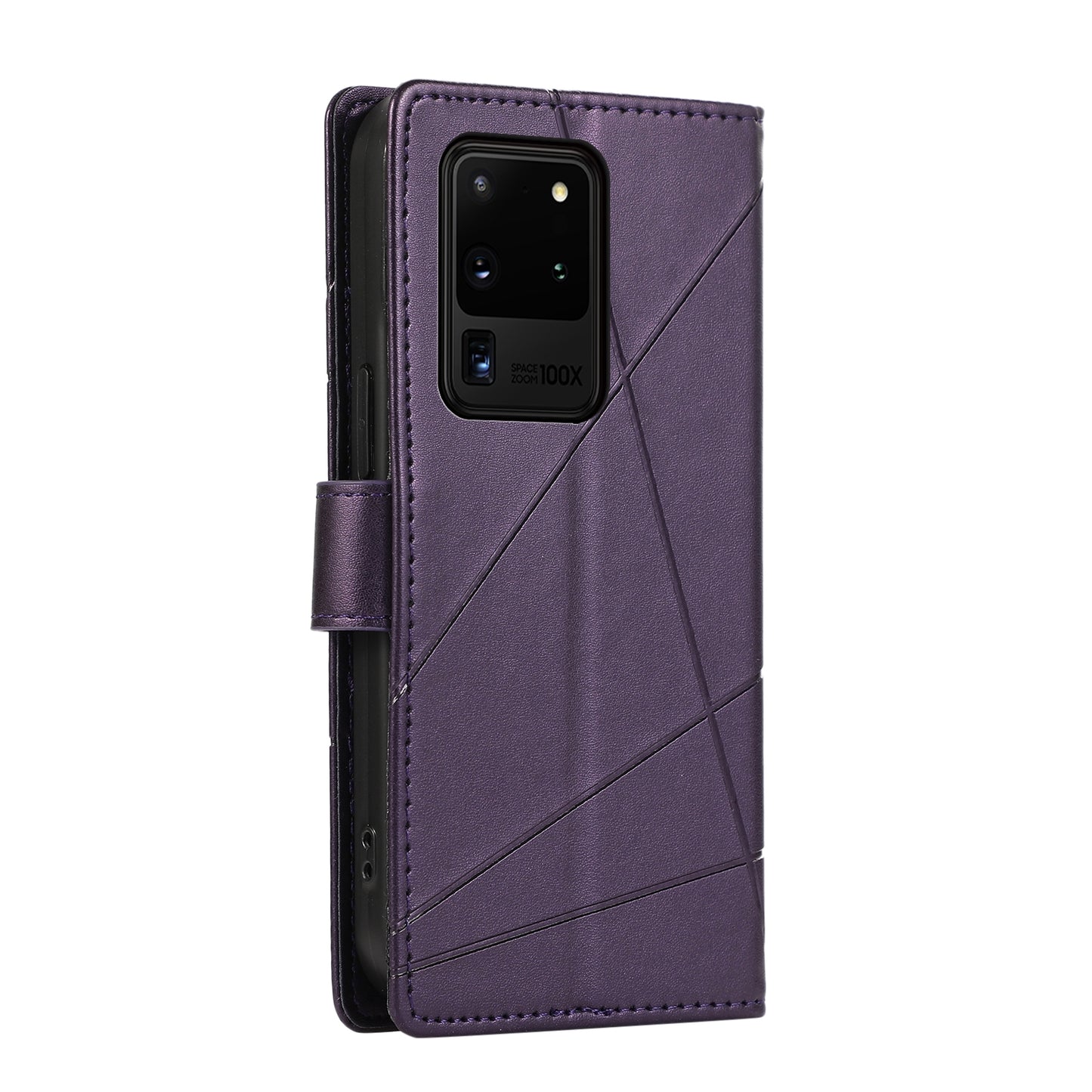 Samsung Galaxy S20 Ultra PU Genuine Leather Texture Embossed Line Phone Case with Card Wallet, Kickstand & Wrist Strap