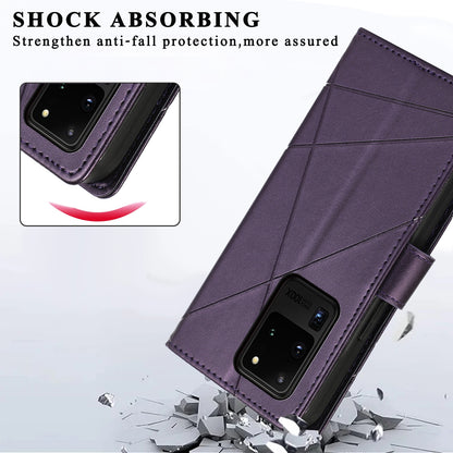 Samsung Galaxy S20 Ultra PU Genuine Leather Texture Embossed Line Phone Case with Card Wallet, Kickstand & Wrist Strap